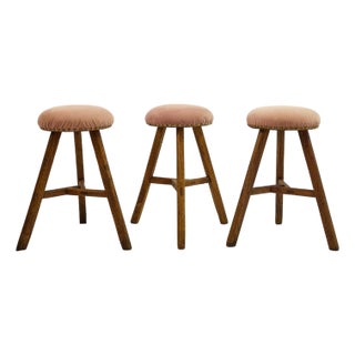 Set of 3 Italian Splay Leg Stools With Pink Upholstered Seats For Sale