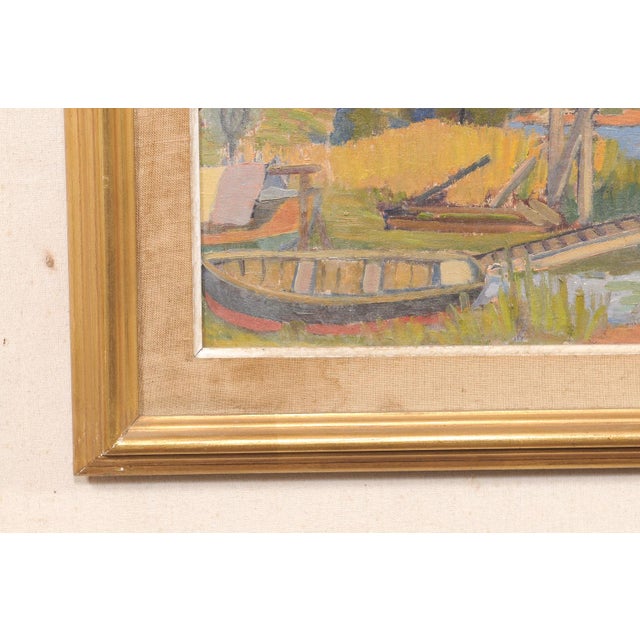 Cornflower Blue Swedish Waterfront Village Painting, c.1957 For Sale - Image 8 of 12