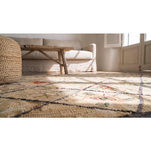 1930s Tan Camel Diamond Folk Art Antique American Hooked Rug3'0"x 5'0" Handknotted Wool Carpet For Sale - Image 14 of 14