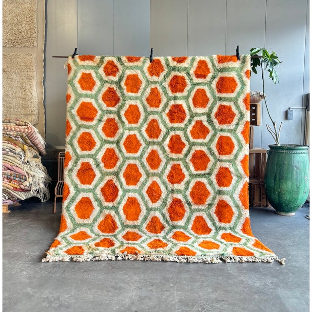 Modern Handwoven Moroccan Mrirt Wool Rug, Orange & Sage Green Honeycomb Berber Carpet, Organic Modern Area Rug, 87" X 118" For Sale - Image 3 of 11