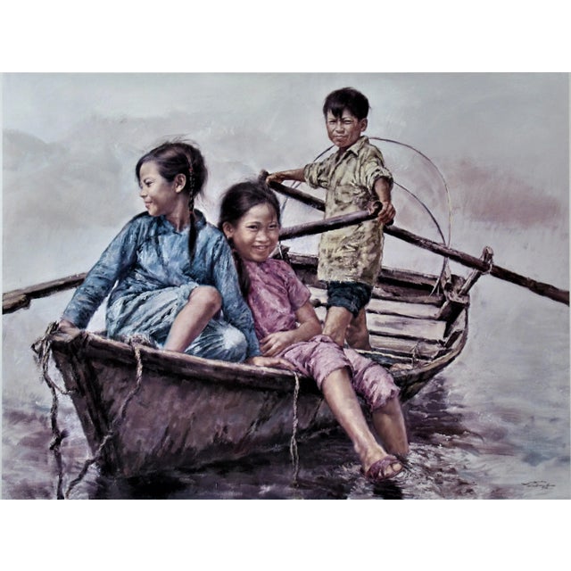 This artwork, "Children in a boat" 1976 in a color off set lithograph by renown Chinese/American artist Wai Ming A.K.A Lo...