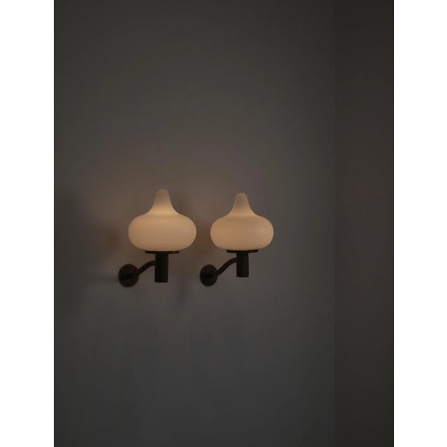 Opal Glass & Brass Wall Lamps by Hammer & Moldenhawerfor Louis Poulsen, Denmark, 1950, Set of 2 For Sale - Image 3 of 12