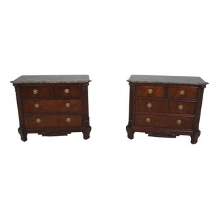 Pair Hickory White Marble Top Mahogany Chest Nightstands For Sale
