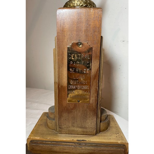 Vintage 1946 Art Deco Long Distance Track and Field Wood Metal Trophy Award For Sale - Image 9 of 13