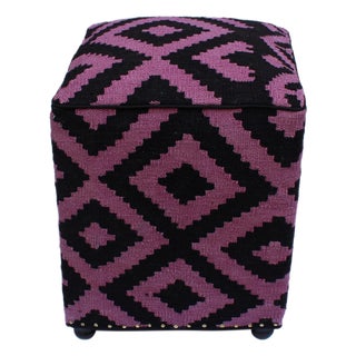 1990s Boho Chic Tribal Handmade Kilim Upholstered Ottoman For Sale