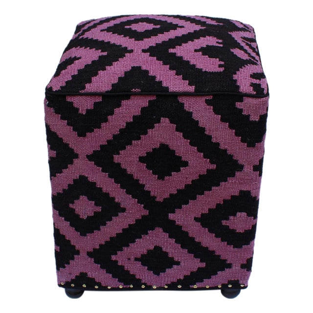 1990s Boho Chic Tribal Handmade Kilim Upholstered Ottoman For Sale