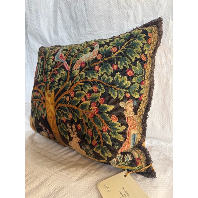 English 17th Century English Silk and Wool Tapestry Decorative Pillow With Tree and Bird Motif For Sale - Image 3 of 4