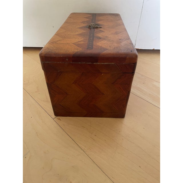 Handmade Antique Wooden Box With Geometric Herringbone Chevron Parquetry Inlay For Sale - Image 9 of 12