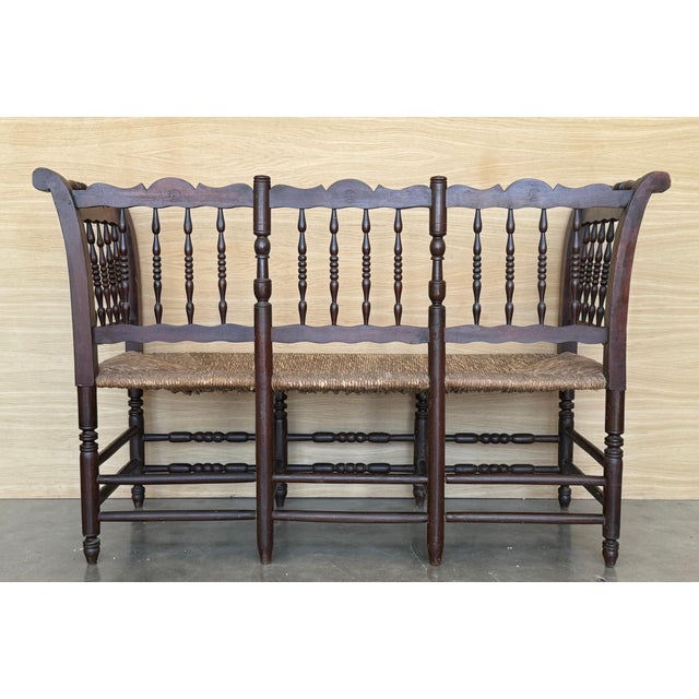 20th Century Catalan Bench in Solid Walnut with Caned Seat, Three Seats For Sale - Image 13 of 18