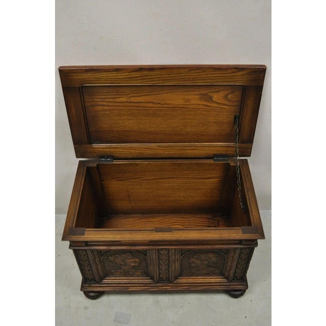 Early 20th Century Antique Jacobean Oak Wood Figural Bust Carved Blanket Chest Trunk on Bun Feet For Sale - Image 5 of 11