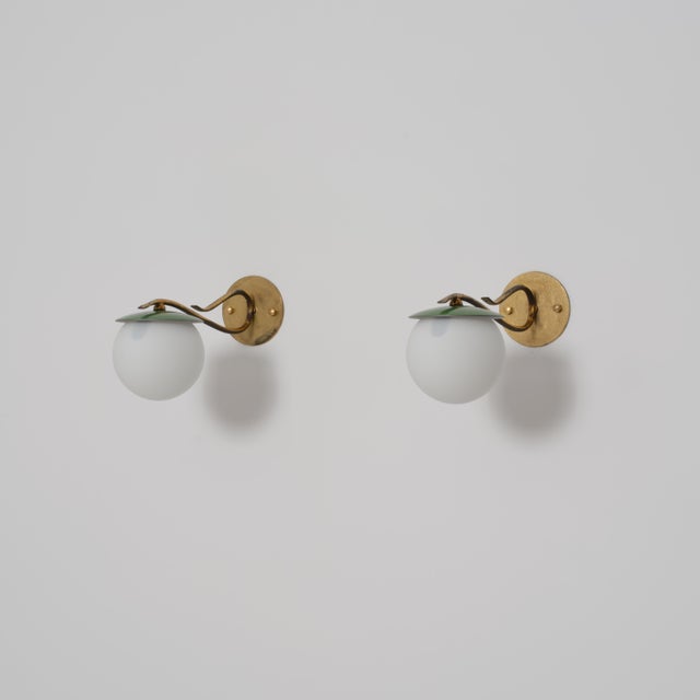 Gold Vintage Italian Green Enameled Metal and Opaline Glass Wall Sconces, 1950s, Set of 2 For Sale - Image 8 of 15