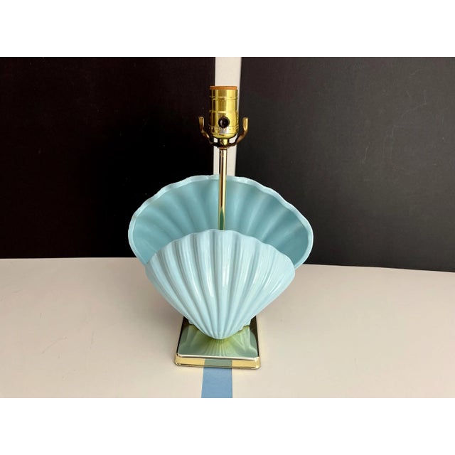 Metal Sky Blue Ceramic Shell Lamp & Shade, C1970 For Sale - Image 7 of 18