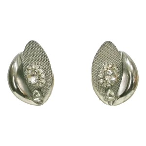 1950s Retro Large Silver Plate Textured Clear Crystal Earrings, 2 Pieces