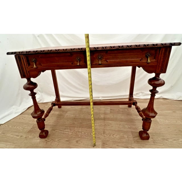 Brown Early 20th Century Victorian Style Desk Two Drawers Quarter Sawed Tiger Oak Petite Size Hand Carved Top For Sale - Image 8 of 11