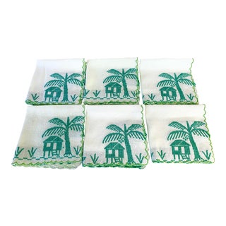 Vintage Embroidered Tiki Hut Napkins-Set of 6 For Sale