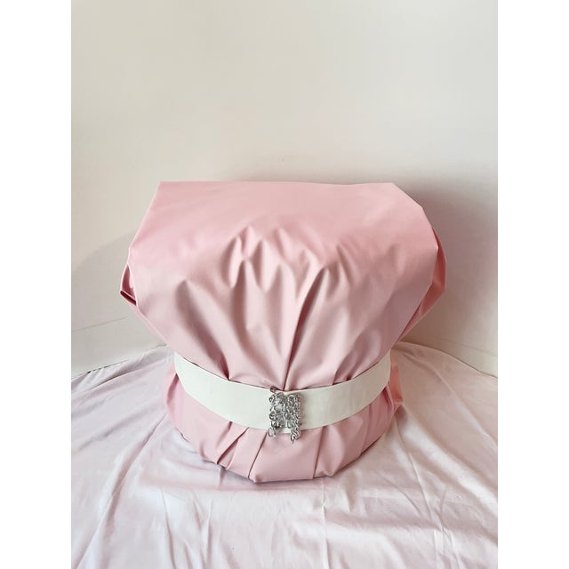 Modern Large Pink Leather Art Deco Pouf Ottoman Silver For Sale In Washington DC - Image 6 of 11