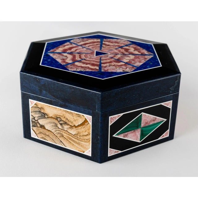 Exceptional Multi-Gemstone Intarsia Jewelry Box. This Beautiful box was made out of Malachite, Petrified Wood, Lapis...