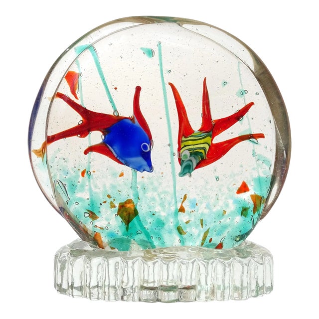 Murano Venetian Double Fish Vintage Italian Art Glass Mid-Century Aquarium Sculpture on Base For Sale