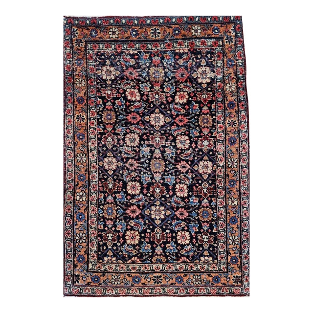 Vintage Malayer Rug, Hand-Knotted Wool, Geometric Pattern, 3x4, Navy & Red For Sale