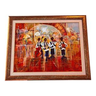 Late 20th Century Itzchak Fleisheker signed "Izik" Oil Painting of Jewish Musicians in Jerusalem For Sale