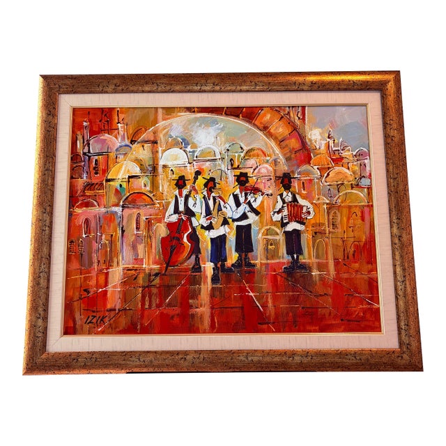 Late 20th Century Itzchak Fleisheker signed "Izik" Oil Painting of Jewish Musicians in Jerusalem For Sale