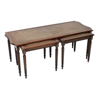 Antique Mahogany Leather Top Nesting Coffee Table, 1930, Set of 3 For Sale