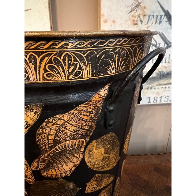 Vintage English Planter Jardiniere Urn Shell Decoupage Black Tole Coastal Décor For Sale In Dallas - Image 6 of 17