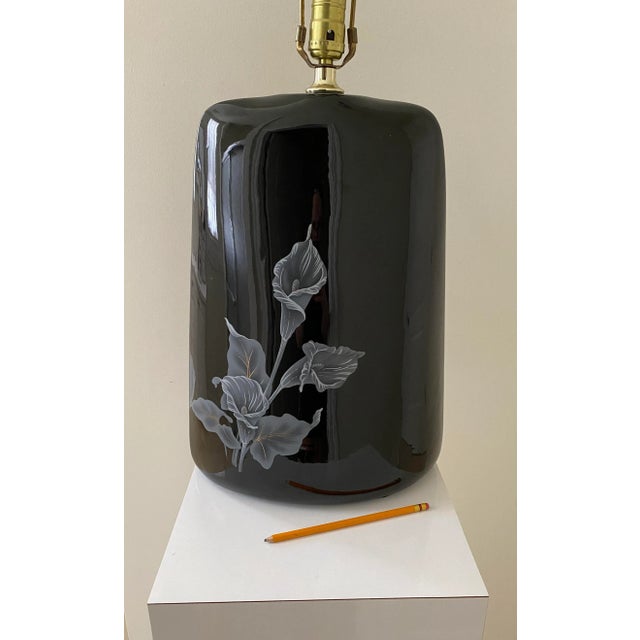 1980s Art Deco 1980s Extra Large Black Ceramic Lamp With Calla Lily Motif For Sale - Image 5 of 8