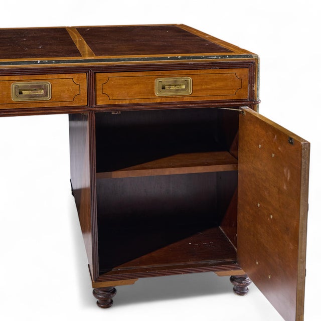 Brown Baker Furniture Campaign Style Leather Top Partners Desk For Sale - Image 8 of 10
