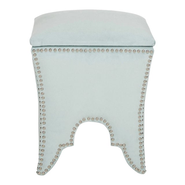 Studded Ottoman in Silver Sage For Sale