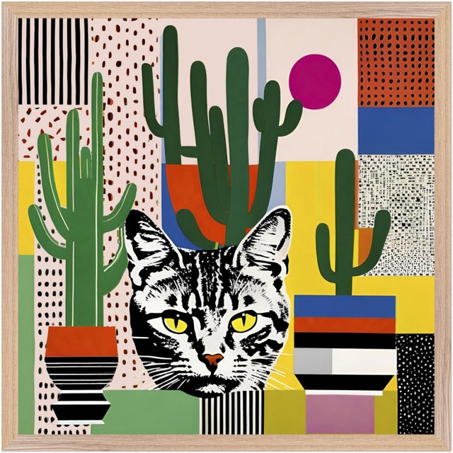 A post-modern still life featuring a cat and potted cactus plants in a natural wood frame, arrives ready to hang.