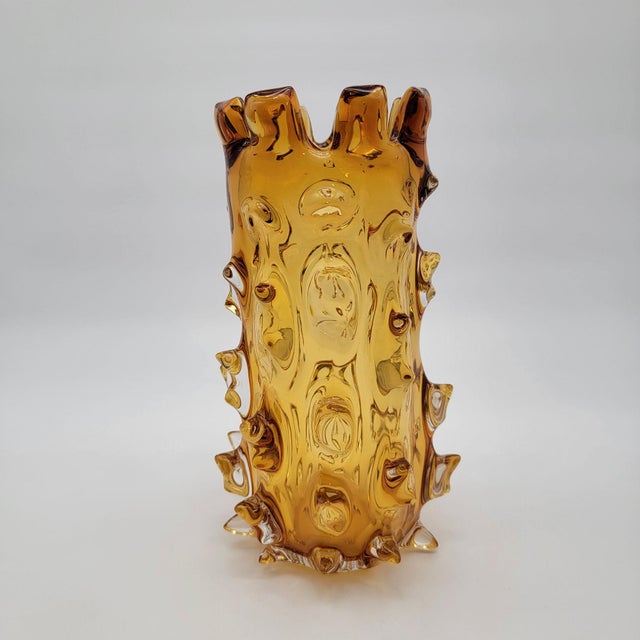 Mid-Century Modern Vintage Murano Barovier & Toso Amber Mugnoni Art Glass Vase For Sale - Image 3 of 10