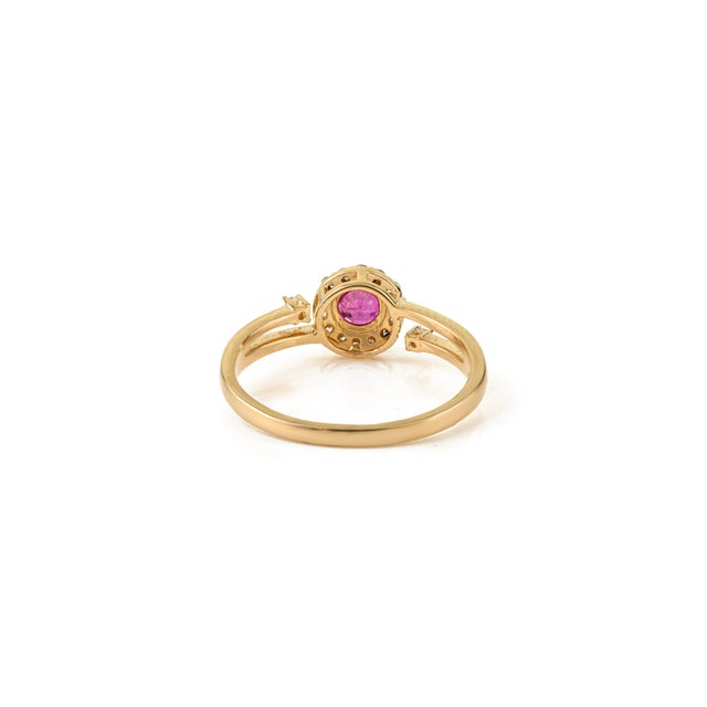 Metal Vintage Inspired Round Ruby & Diamond Halo Ring Size 7 in 14k Yellow Gold For Sale - Image 7 of 13