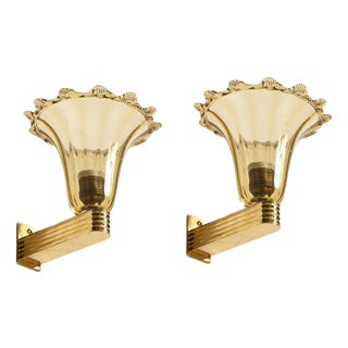 Murano Glass and Brass Flower Sconces by Barovier, Italy, 1940s, Set of 2 For Sale