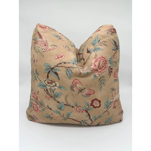 This exquisite 20x20 inch handmade decorative pillow cover features a charming Chinoiserie-inspired design on a warm,...