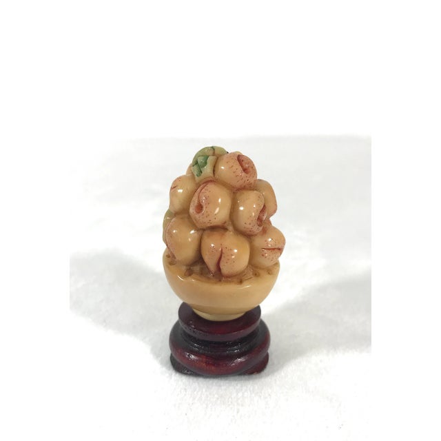 Chinoiserie 1980's Chinese Netsuke Little Mouse on Basket of Peaches With Petite Wood Stand For Sale - Image 3 of 7