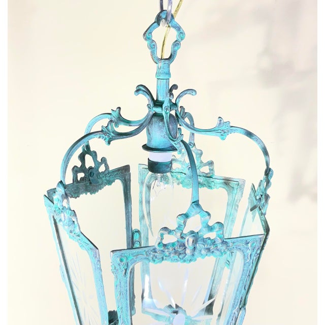 Antique Style Solid Brass Hanging Hallway Lantern W/ Etched Starburst Glass For Sale - Image 16 of 16