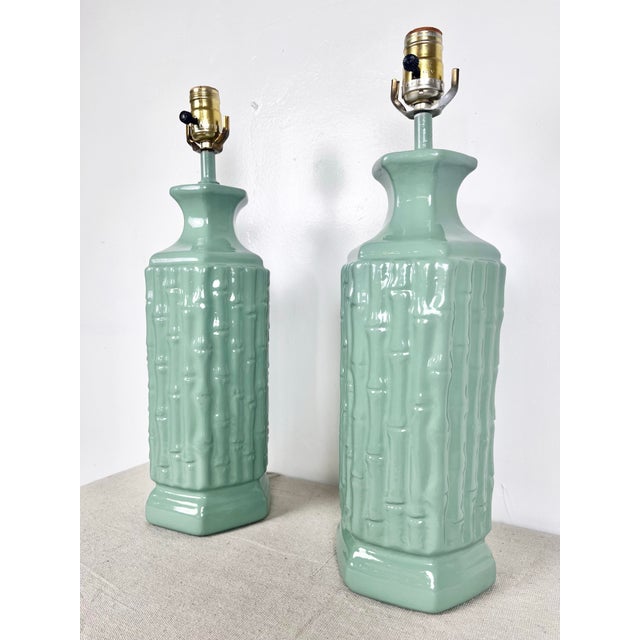 Vintage pair of plaster faux bamboo lamps, newly lacquered in Benjamin Moore high gloss "Winchester Sage".