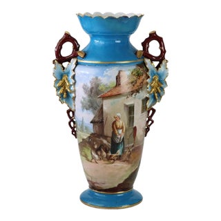 Large Antique Old Paris Porcelain Scenic Vase With Cord Access Lamp Base C1890 For Sale