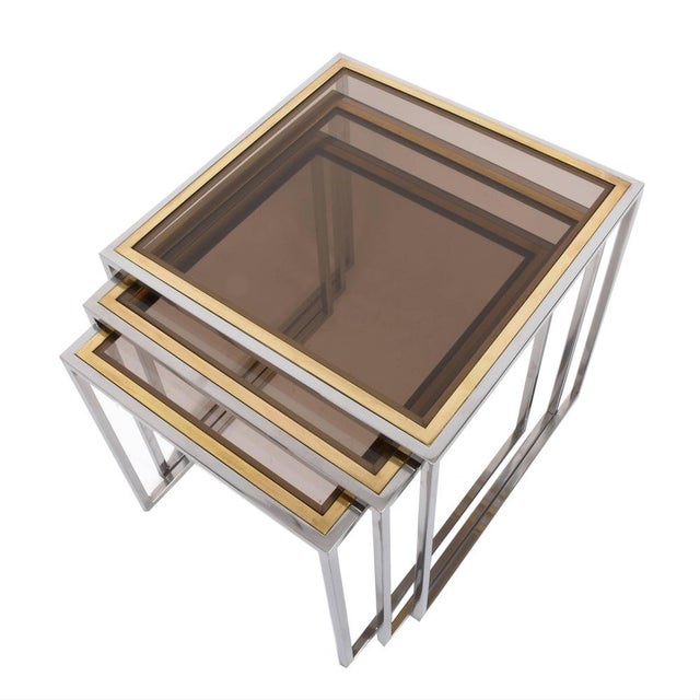 Mid-Century Italian Chrome, Brass and Smoked Glass Nesting Tables, 1970s, Set of 3 For Sale - Image 9 of 14