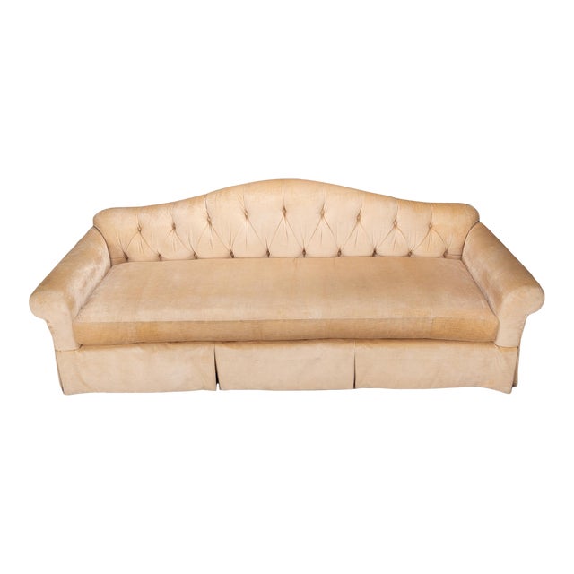 Baker Furniture Golden Beige Tufted Chesterfield Velvet Long Sofa For Sale