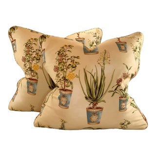 Hand-Printed European Fabricut Vervain Botanique Green Rusty-Red Turquoise Yellow Botanical Potted Floral Pillow Covers- 24" Pair For Sale