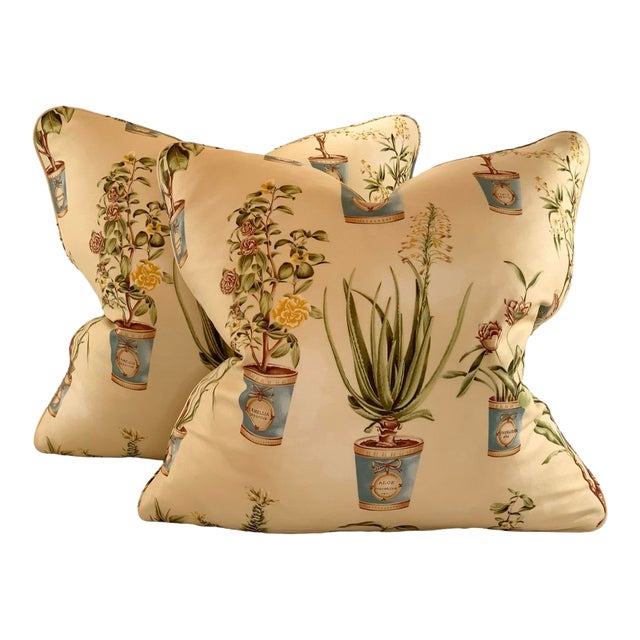 Hand-Printed European Fabricut Vervain Botanique Green Rusty-Red Turquoise Yellow Botanical Potted Floral Pillow Covers- 24" Pair For Sale