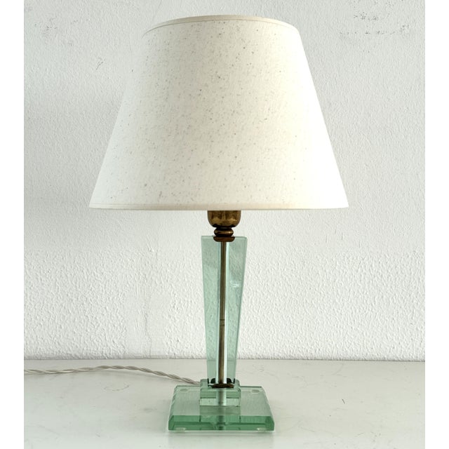 Metal Italian Table Lamp with Green Glass and Brass Details from Fontana Arte, 1950s For Sale - Image 7 of 18