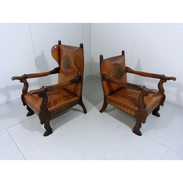 Set of Antique Leather Armchairs with Carps Print, 1890s For Sale - Image 11 of 18