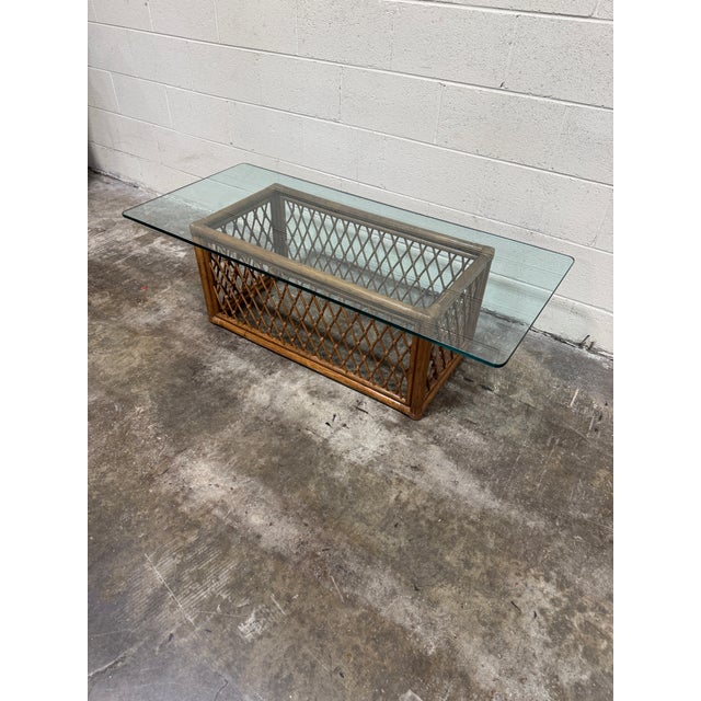 Vintage Boho Wicker Bamboo Glass Top Coffee Table For Sale - Image 4 of 8