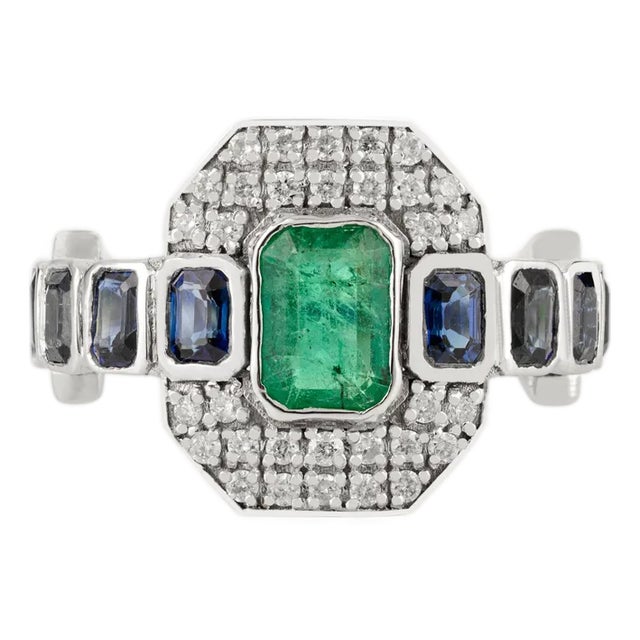14k Gold Step Cut East West Accent Gem Art Deco Statement Ring Size 6.5 For Sale
