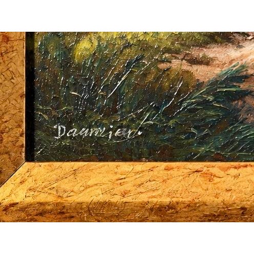 An original oil on canvas landscape by French artist Jean Daumier, depicting a tranquil European countryside beneath an...