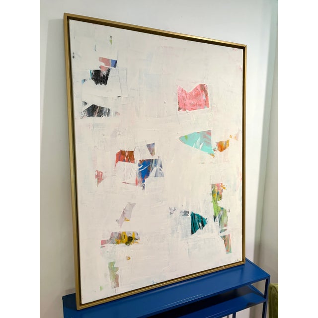 Acrylic and mixed media on canvas, 48H x 36W x 1.5D. Can also be displayed horizontally. Edges painted white, back wired...