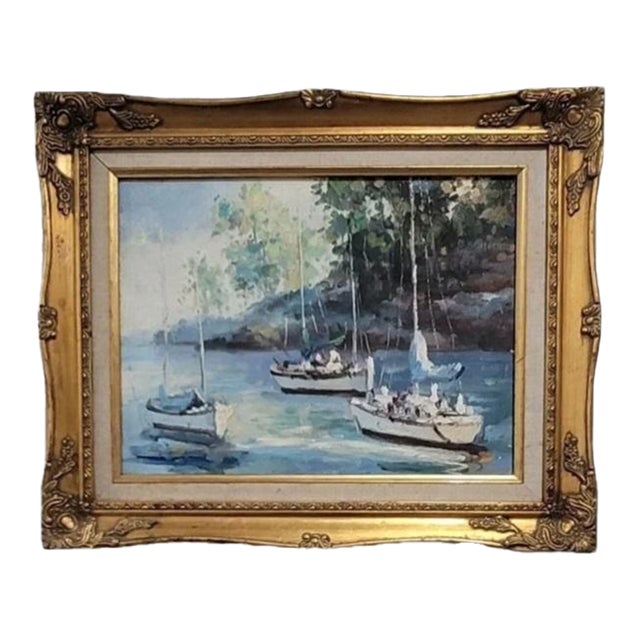 1970s Unknown Artist - Vibrant Ships in the Harbor Oil Painting Gold Frame For Sale